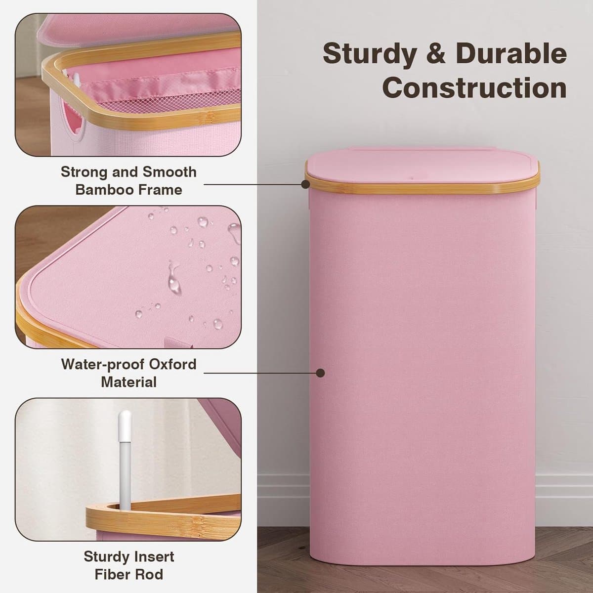 Ruime wasmand 100 liter met deksel en afneembare zakken – roze — afbeelding 1