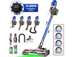 Hiaonyx steelstofzuiger - 9-in-1 steelstofzuiger draadloos - 75000pa - Met dierenborstel - LED Groene Stofdetectielamp - Geschikt voor Tapijten - Harde Vloeren en Dierenharen - 2-liter stofopvangbox - Blauw