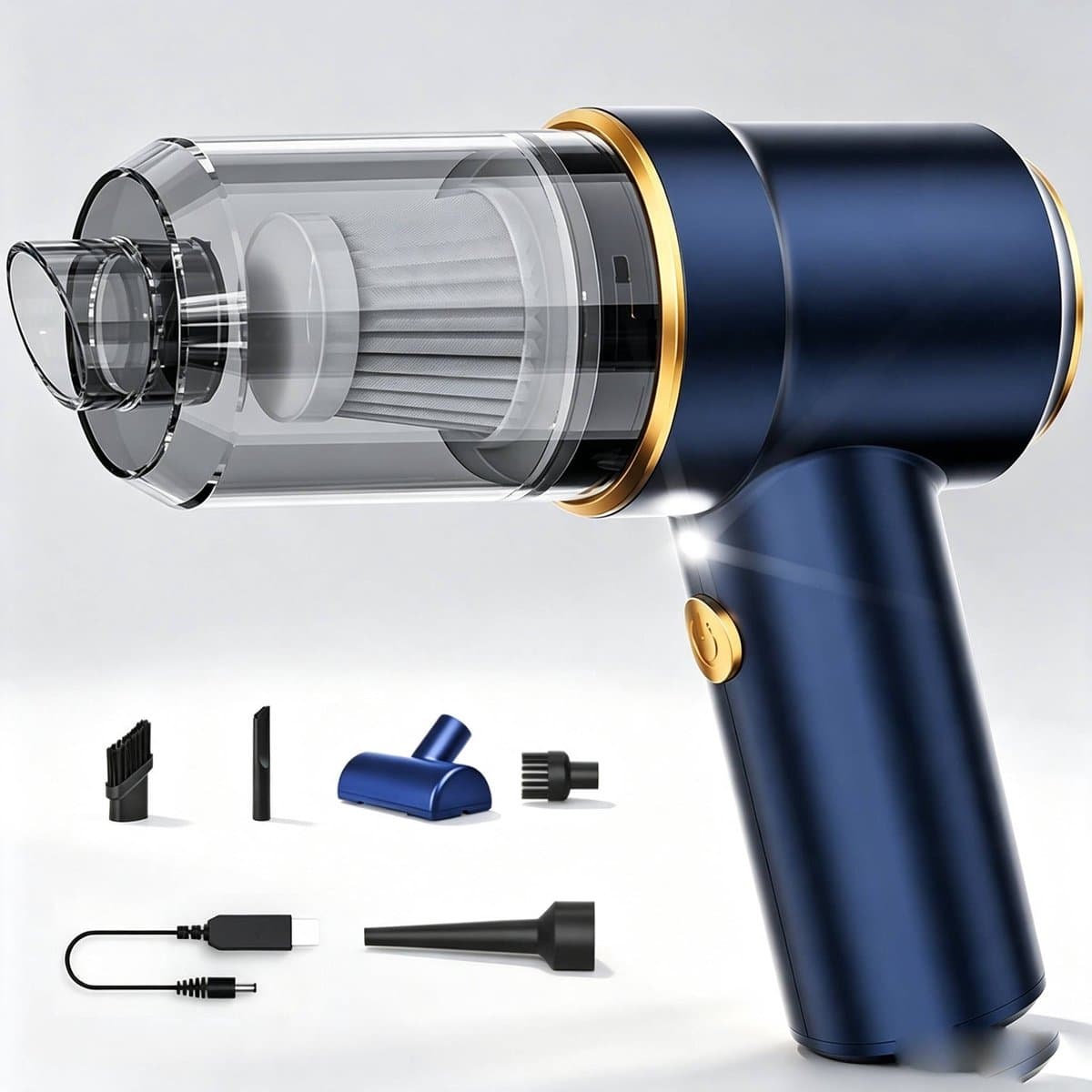 Draagbare handstofzuiger met 120W hoog vermogen en 42000 rpm hoog toerental, uitgerust met led-lamp en meerdere verwisselbare mondstukken, stofzuiger voor auto, woning, kantoor en het opruimen van huisdierhaar — afbeelding 1