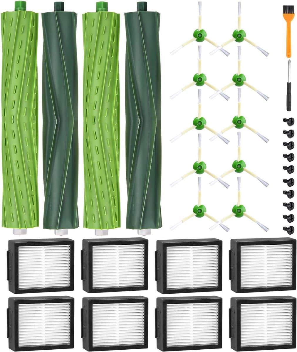 Compleet Set Reserveonderdelen voor iRobot Roomba E/I/J-serie, i7 i7+ i3 i3+ i4 i4+ j7 j7+ E5 E6, borstelaccessoires compatibel met iRobot Roomba, 2 sets rubberen borstels,8 hoogwaardige filters, 10 zijborstels — afbeelding 1
