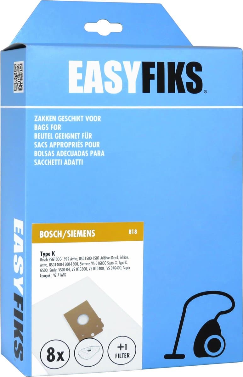 Easyfiks B18 stofzuigerzakken geschikt voor Bosch en Siemens - 8 stuks + 1 filter - voor Big Bag 3L - Arriva - Smily - Type K — afbeelding 1