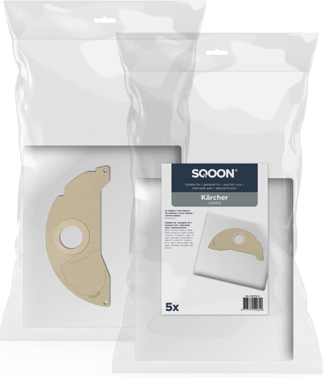 SQOON® Stofzuigerzakken geschikt voor Kärcher A2004 - Gelijk aan model: 6.904-322.0 - High Filtration voor industriële toepassingen - 5 Stuks — afbeelding 1