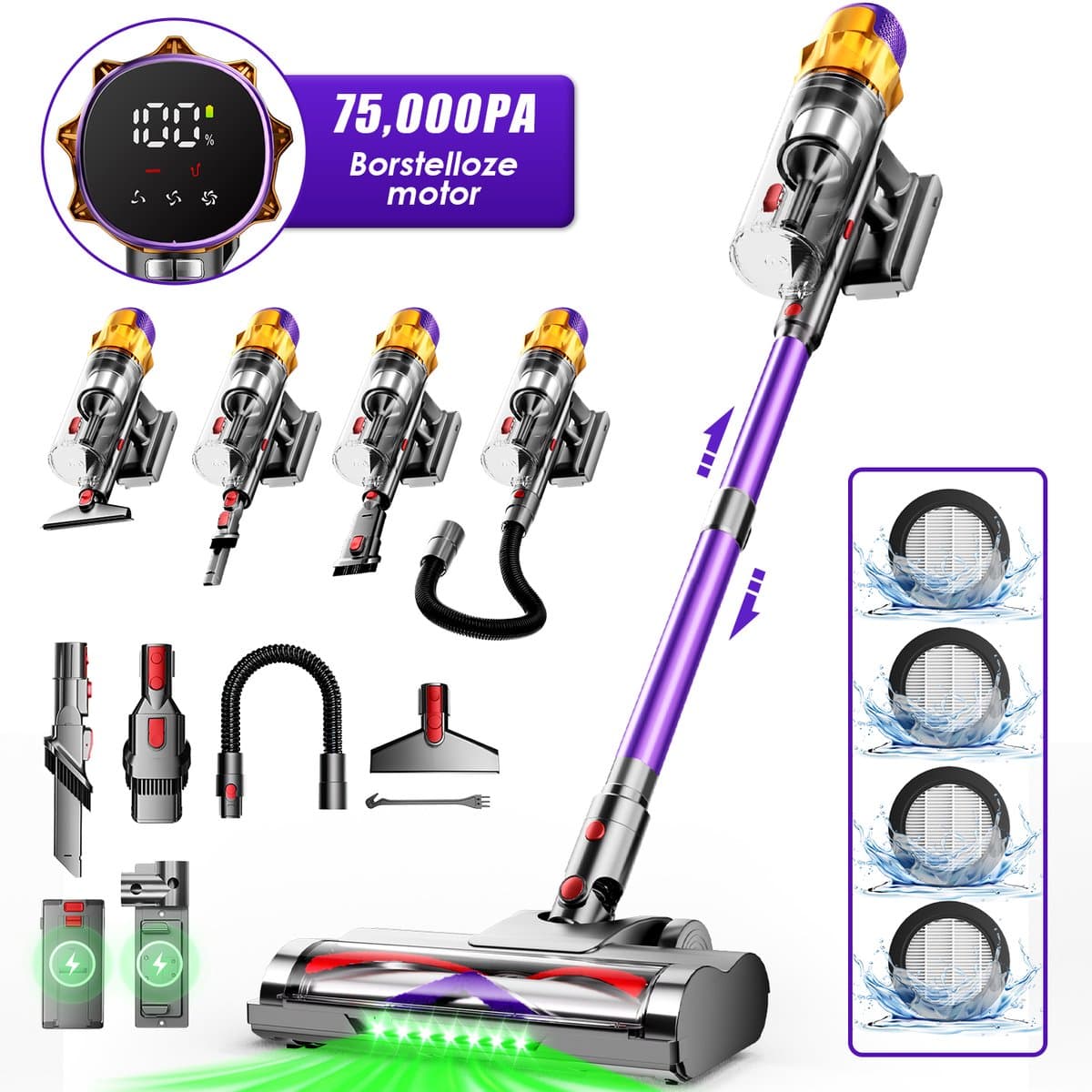 Hiaonyx steelstofzuiger - 9-in-1 steelstofzuiger draadloos - 75000pa - Met dierenborstel - LED Groene Stofdetectielamp - Geschikt voor Tapijten - Harde Vloeren en Dierenharen - 2-liter stofopvangbox - Paars — afbeelding 1