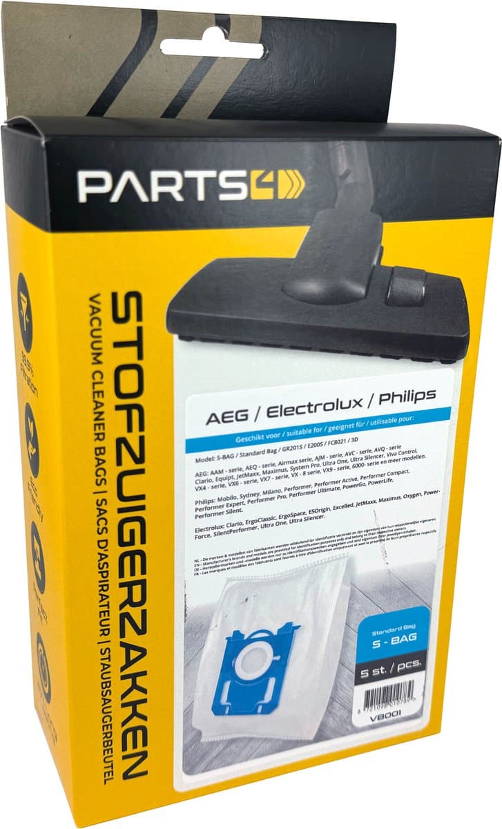 5 Stofzuigerzakken PARTS4® geschikt voor AEG / Philips / Electrolux S-BAG | Made in Europe | Passend in o.a. AEG VX4, VX6, VX7, VX8, 6000 serie, GR201 of Philips Active, PowerPro, PerformerPro, PH99, FC8021/03, FC8021/05 — afbeelding 1
