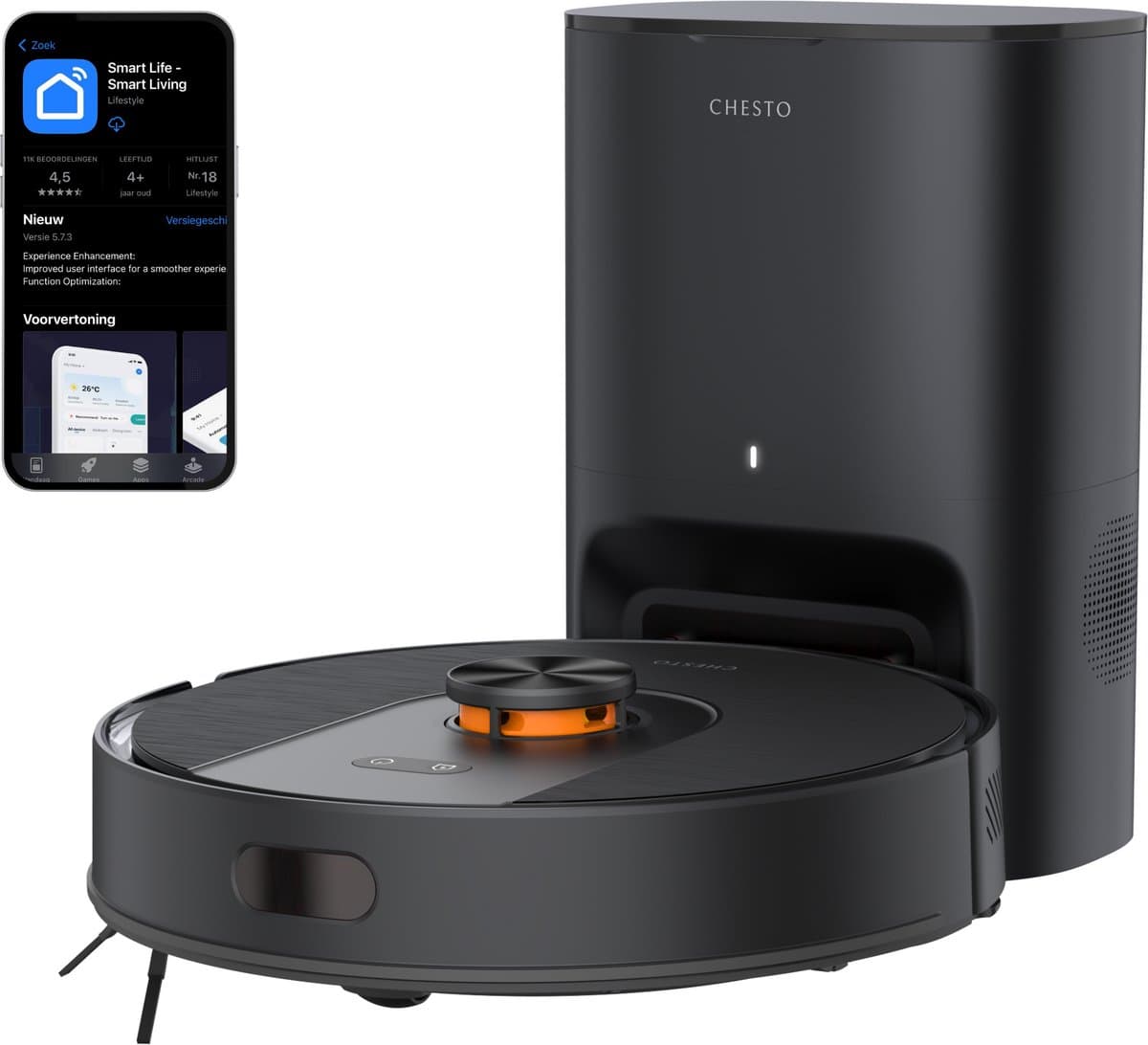 Chesto T2 Pro 3-in-1 Robotstofzuiger met Dweilfunctie – 5000 Pa - Geschikt voor Dierenharen - LDS navigatie - App-besturing - Inclusief Zelflegend Station — afbeelding 1