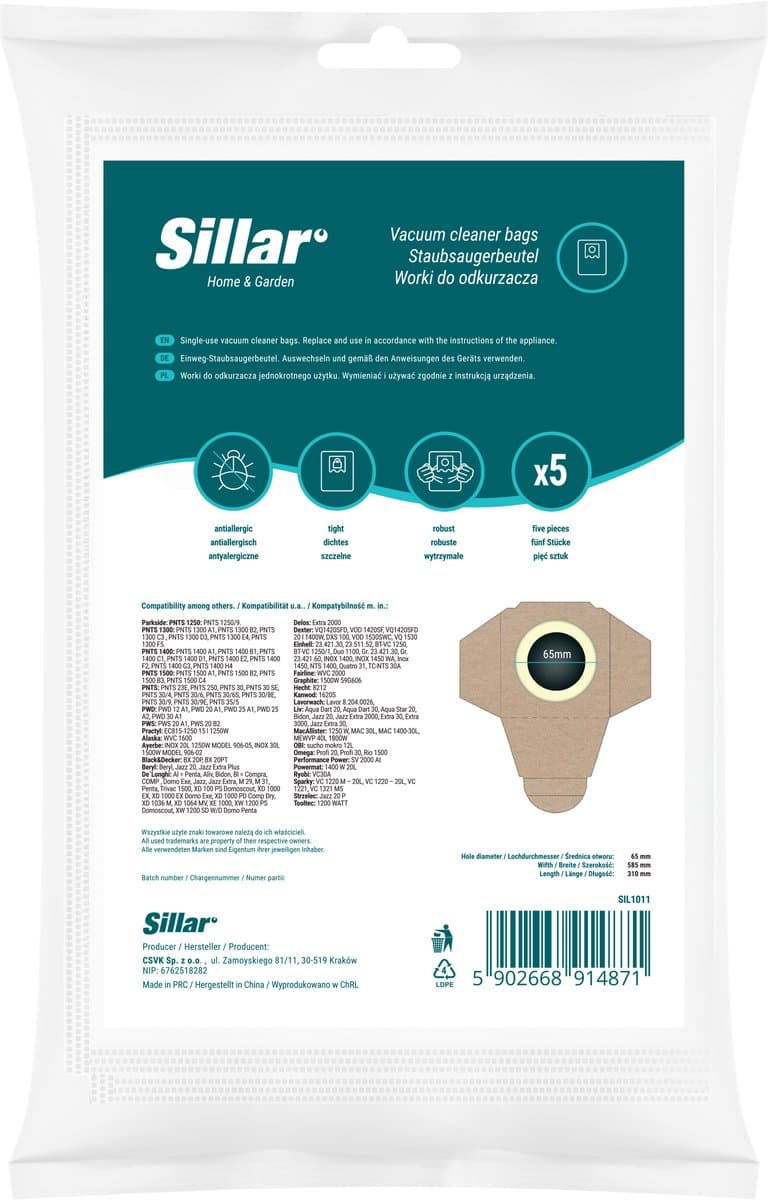 Sillar, stofzuigerzakken, synthetisch, van microvezel, 3 filterlagen, vervanging, geschikt voor stofzuigers Parkside PWD PNTS 1300 1400 PWS, Dexter, Lavor, 5 stuks — afbeelding 1