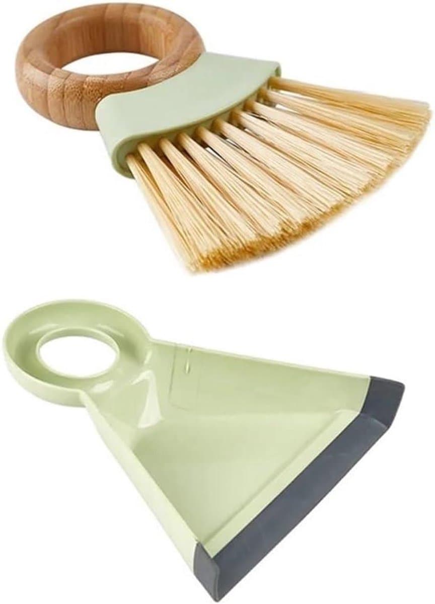 Mini stoffer en blik - Kleine bezemset - Bureau reinigen - Zachte borstelharen - 18 cm - Groen — afbeelding 1