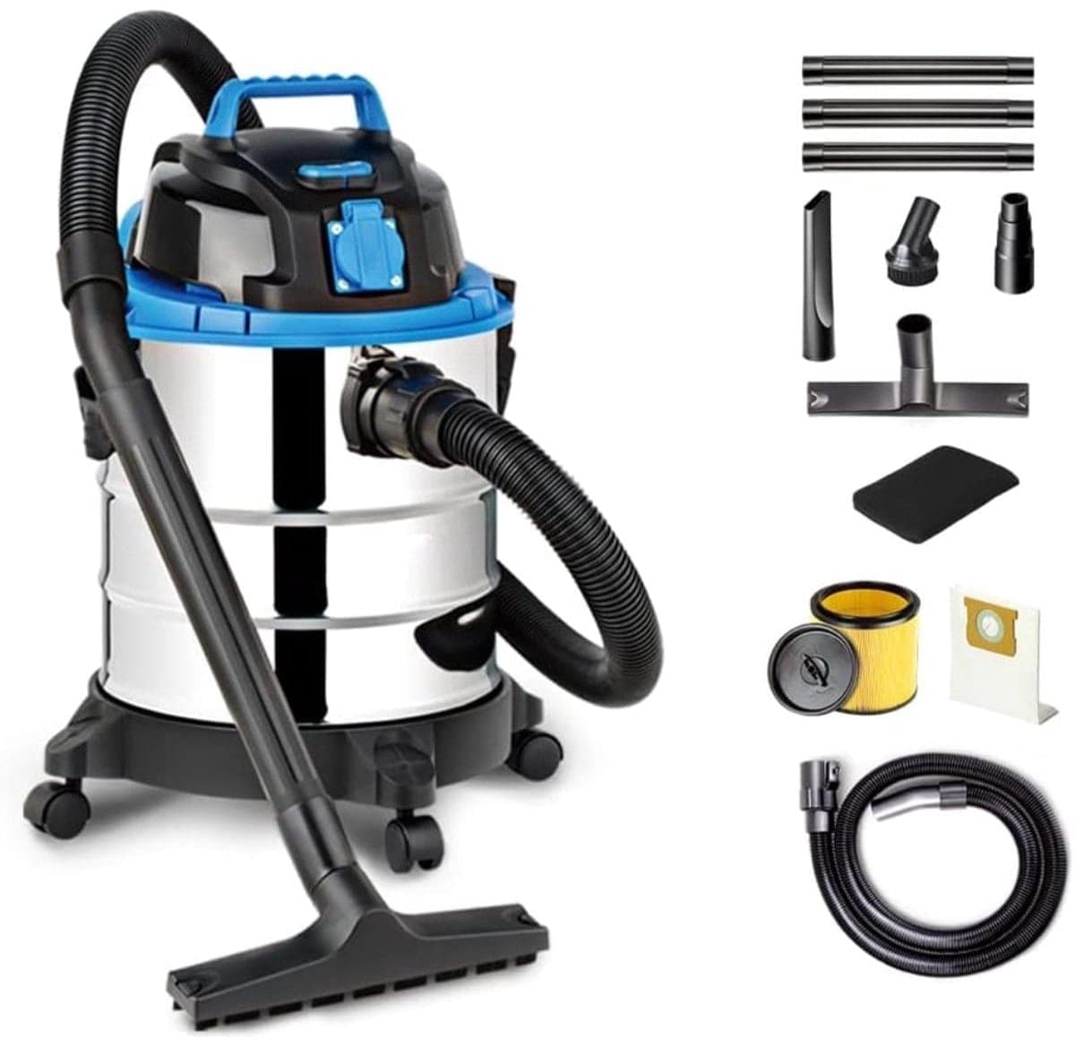Klarven® Nat- en Droogstofzuiger Zilver - 1200W Krachtig - Blaasfunctie en Zakloos, Ingebouwd Stopcontact - 20 Liter Tank - B 35 x H 51 x D 35 cm — afbeelding 1