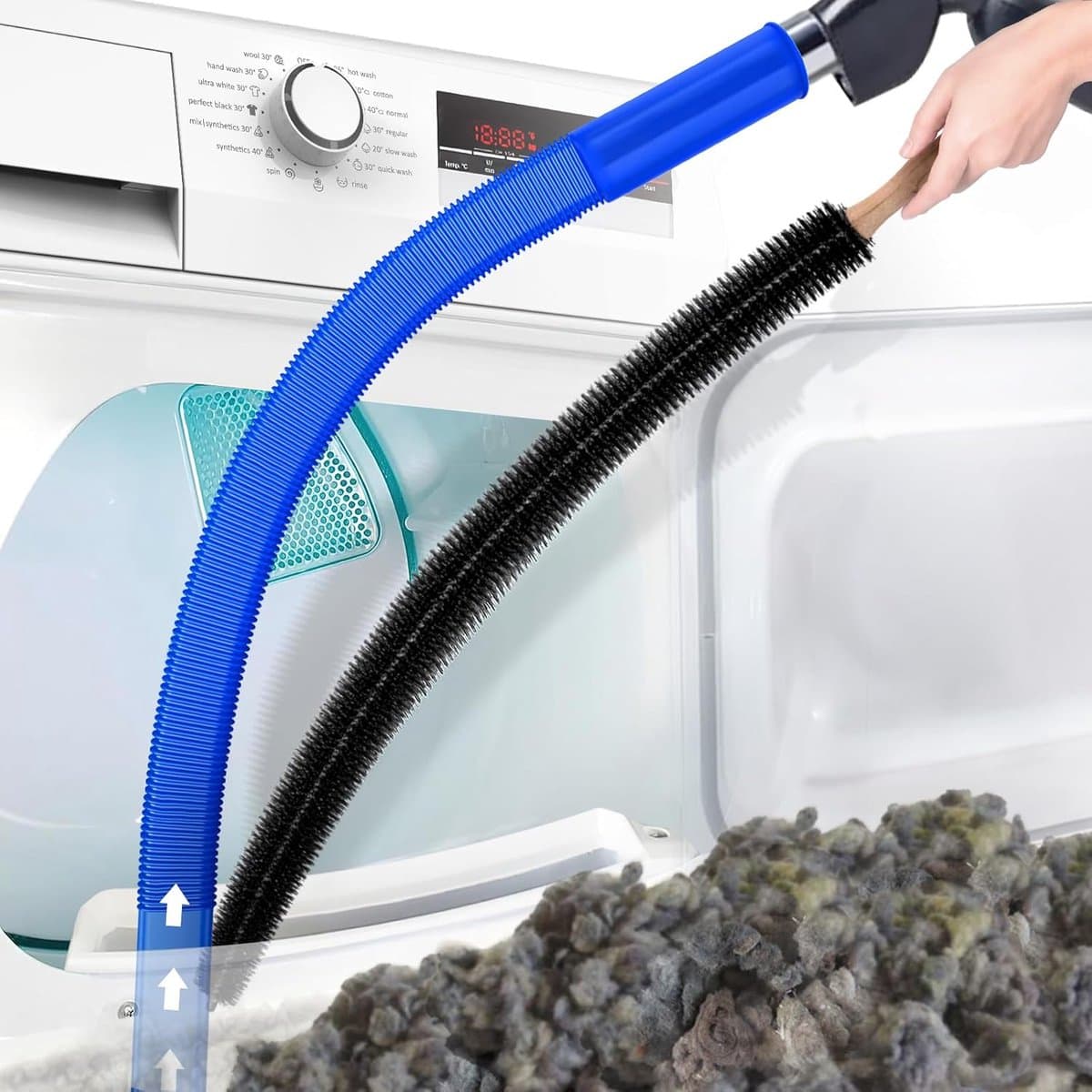 2-delige drogerventilatiereinigingsset, compatibel met alle stofzuigers, drogerpluizenborstel en stofzuigerslang, snelle pluizenverwijderaar, donkerblauw — afbeelding 1