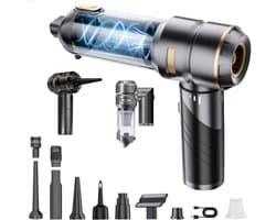 4-in-1 Draadloze Handstofzuiger & Air Duster – Opvouwbare Auto Stofzuiger – 16 kPa – 3 Standen – 80.000 RPM – USB-C – 11 Accessoires – Zwart/Goud