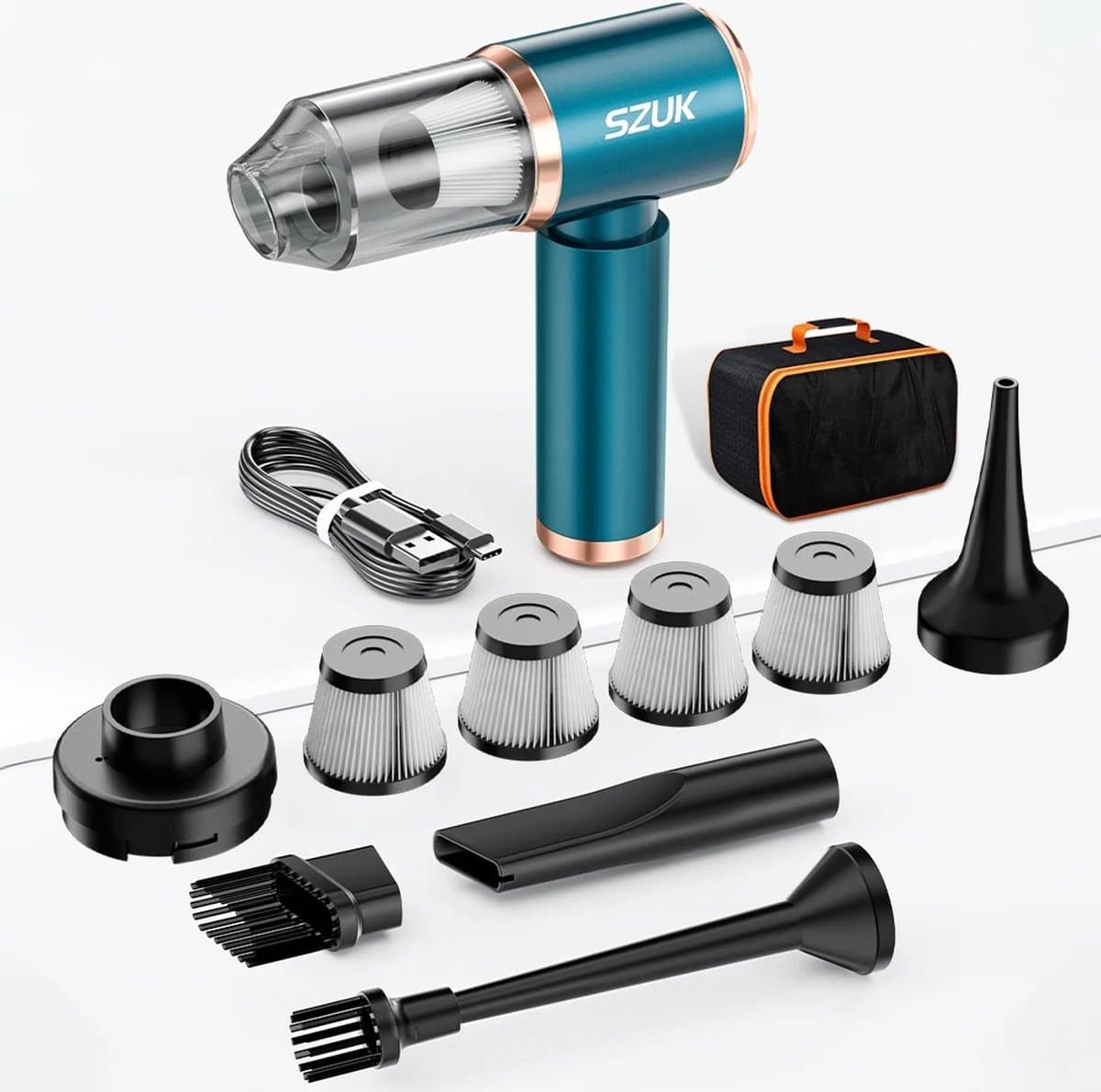 Szuk Draadloze Auto Stofzuiger - Krachtige Reinigingsmachine - Vacuum Zuiger - Accessoires - Draadloze Reiniger - Sterke Zuigblazer - Turquoise - Met 9 Opzetstukken - — afbeelding 1