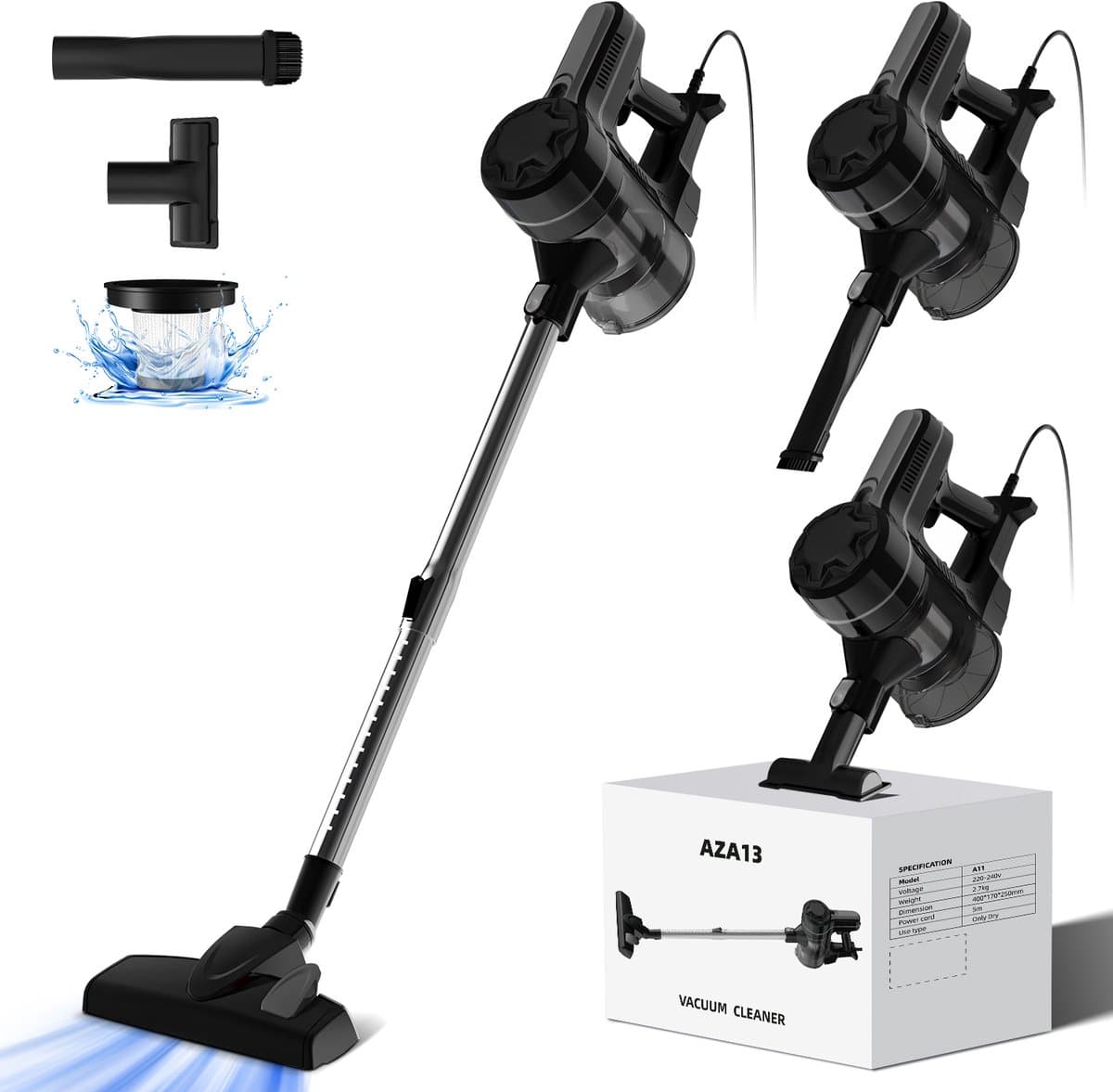 Elekiatech Steelstofzuiger - 5m Snoer - 25000Pa - 4 In 1 HEPA Filter - 1.3L Capaciteit Zwart — afbeelding 1