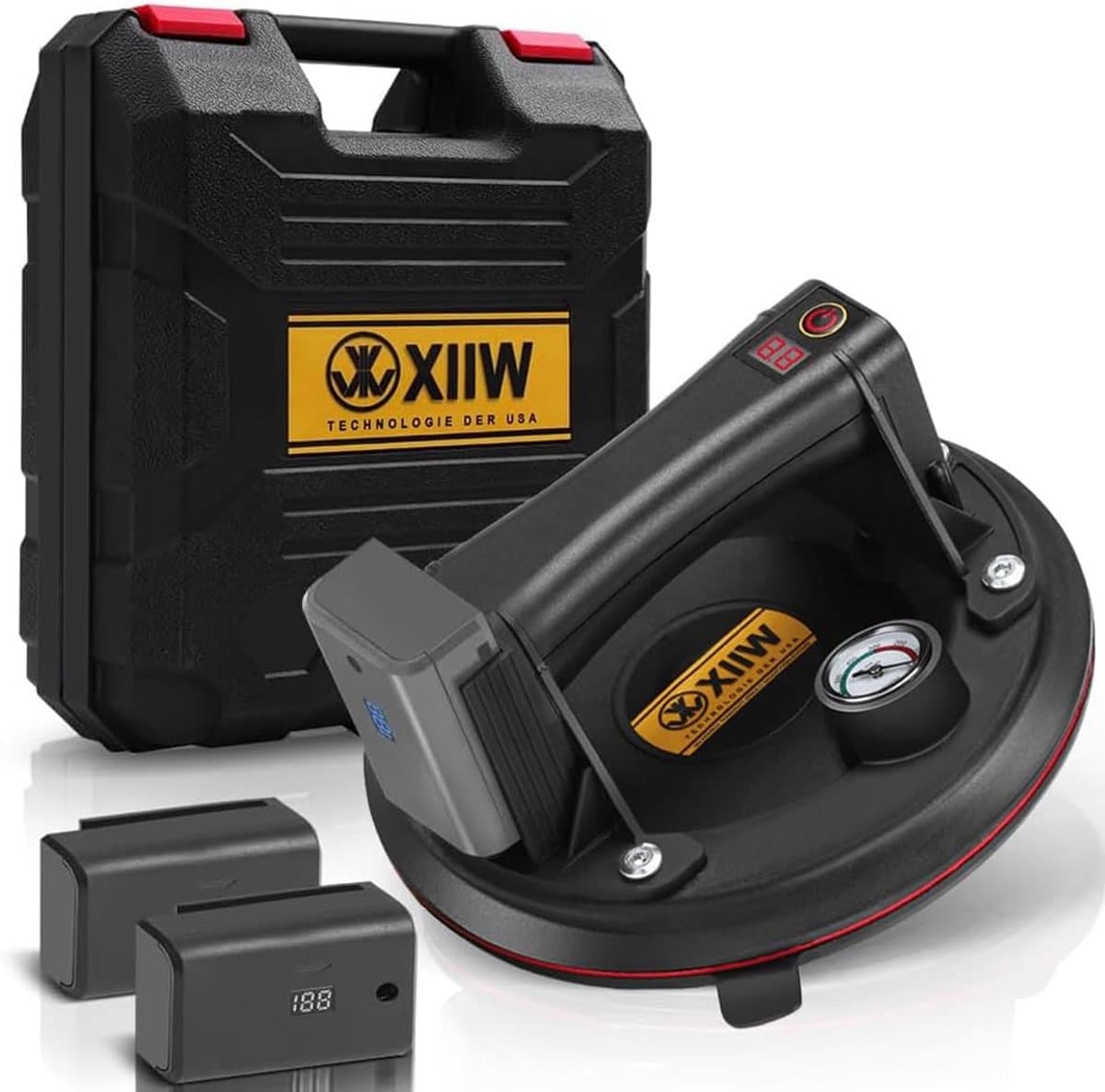 Met 2 x accu & manometer, elektrische zuigkracht max. 300 kg, zelfzuigende glaslifter 8 inch vacuüm sterke zuignap voor zwaar glas, tegels, ijzeren plaat, zuignappen voor materiaaltransport — afbeelding 1