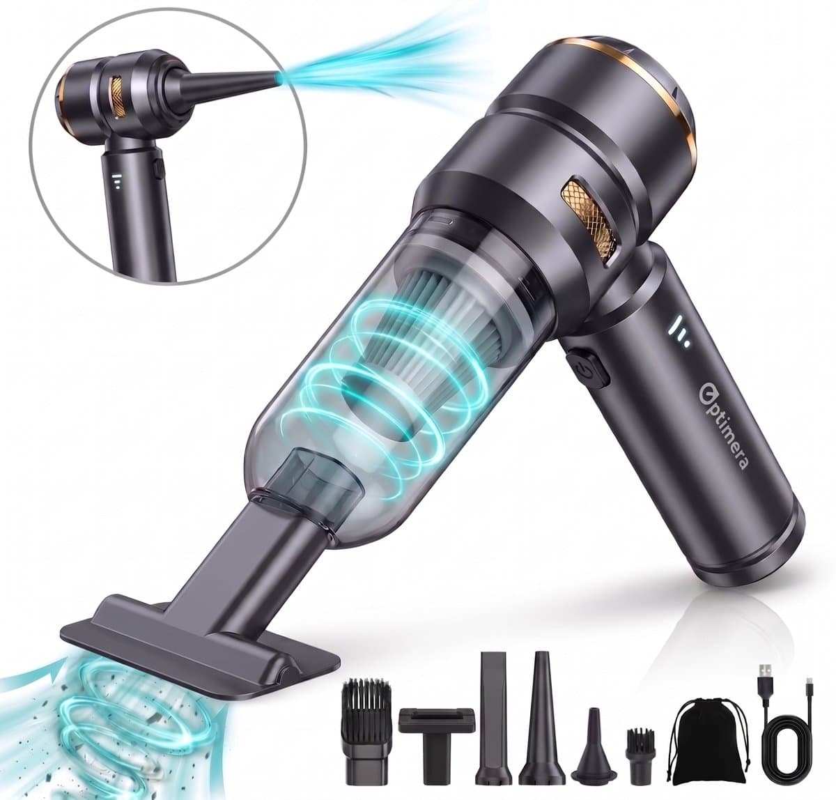 OPTIMERA® 2-in-1 Auto Stofzuiger PRO - Zuigen & Blazen - Kruimeldief - 7 Opzetstukken - Oplaadbaar - Handstofzuiger - Air Duster - Zwart — afbeelding 1