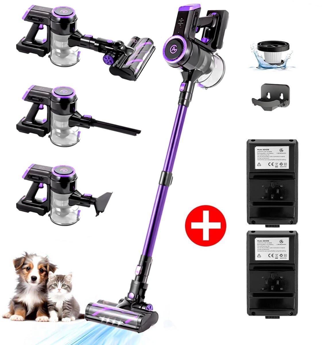 AG4200 Steelstofzuiger Draadloos – 2 Accu’s – 90 Min Stofzuigen – Krachtige Stofzuiger Zonder Zak – Geschikt voor Dierenharen – 2-in-1 Kruimeldief – Compact & Lichtgewicht – Verstelbare Stang - Deep Purple — afbeelding 1