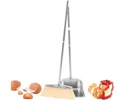 Stoffer en Blik Set - Vegen Set - Efficiënt Schoonmaken - Roestvrij Staal - Brede Bezemkop - Grijs