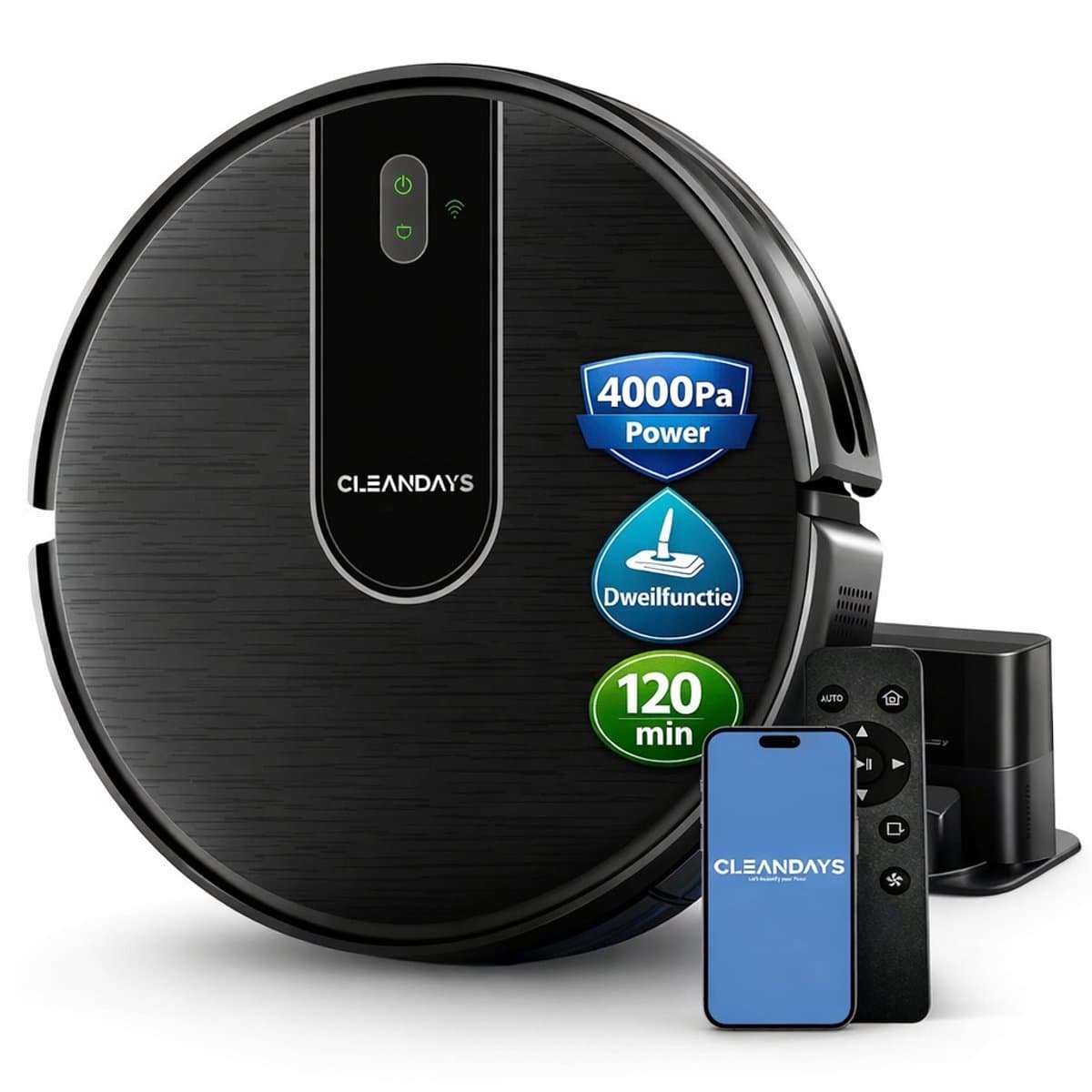 CleanDays D3-300MAX Robotstofzuiger incl. extra accessoires | 4000Pa | Voor harde vloeren | 120 min | Laadstation — afbeelding 1