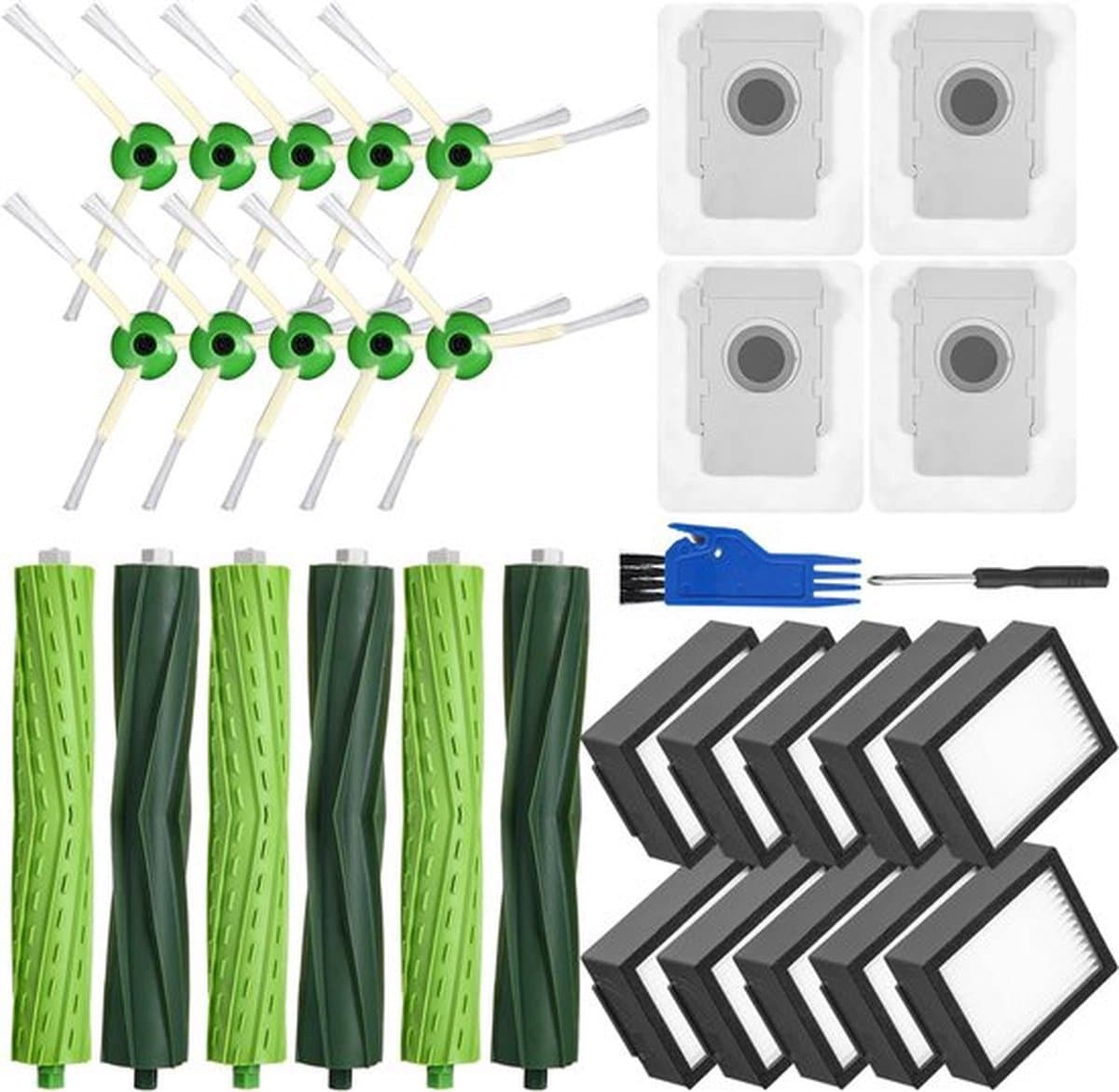 Reserveonderdelen voor iRobot Roomba i7 i7+ j7 j7+ i3 i3+ i4 i4+ E5 E6, borstelaccessoires voor Roomba E/I/J-serie, 3 sets rubberen borstels, 10 hoogwaardige filters, 10 zijborstels, 4 stofzakken — afbeelding 1