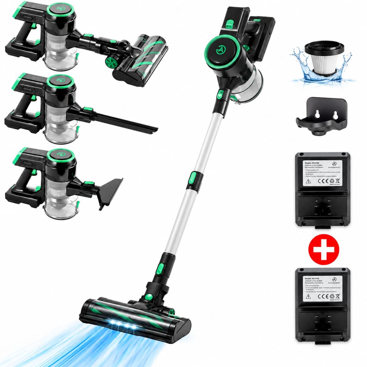 AG4100 Green Steelstofzuiger Draadloos – Stofzuiger Zonder Zak – Draadloze Stofzuiger – Extra Batterij – Tot 90 Min Stofzuigen – Kruimeldief – Dierenharen – LED Zuigmond — afbeelding 1
