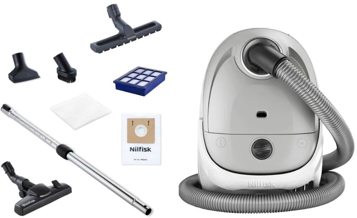 Nilfisk One Licht Grijs LGRPC13 – Compacte stofzuiger met zak, HEPA 13-filter, instelbare zuigkracht, parketborstel en complete accessoireset — afbeelding 1