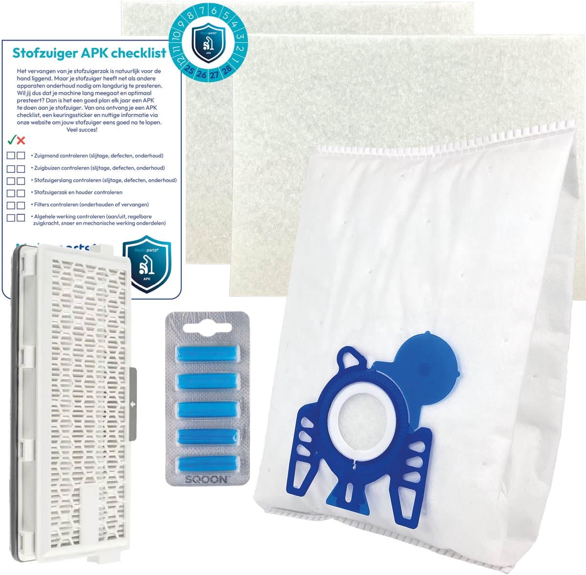 Multaparts® stofzuiger-APK set geschikt voor Miele Complete C2, Complete C3, S5, S8 serie | HEPA13 versie | Complete onderhoudsset met stofzuigerzakken type GN (10 x), motorfilter (2 x), HEPA H13 filter, geursticks (5 x), APK-checklist & APK-sticker — afbeelding 1