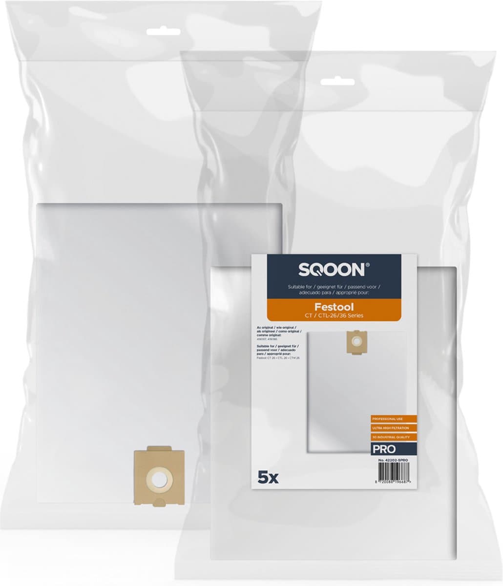 SQOON® Stofzuigerzakken PRO Geschikt voor Festool CTL-26 / CTL-36 HF – 5 Stuks — afbeelding 1