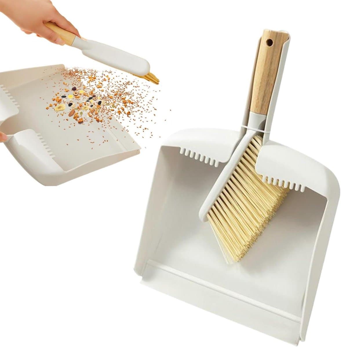Mini veegset - Kleine bezem - Bureau reinigen - Ergonomisch houten handvat - Compact ontwerp - Wit — afbeelding 1