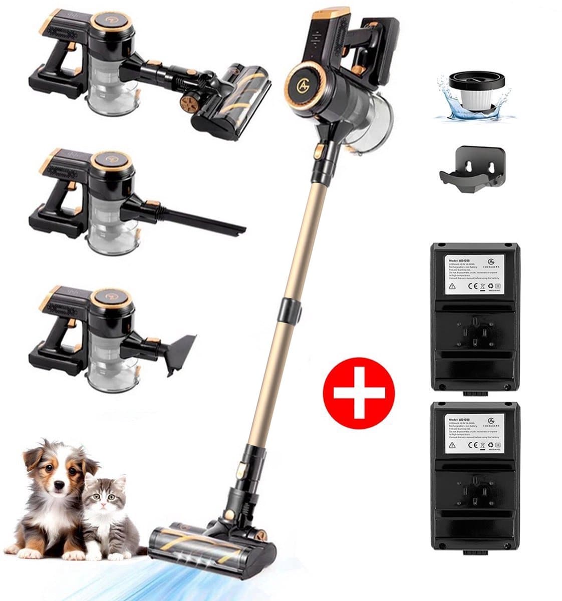 AG4200 Steelstofzuiger Draadloos – 2 Accu’s – 90 Min Stofzuigen – Krachtige Stofzuiger Zonder Zak – Geschikt voor Dierenharen – 2-in-1 Kruimeldief – Compact & Lichtgewicht – Platinum Gold — afbeelding 1