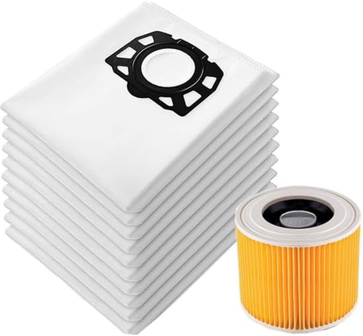 12 stofzuigerzakken + 1 filter Gescht voor Kärcher KFI 357, WD2, WD 2 Plus, WD 3, KWD 1-3, SE 4001, SE 4002, reserveonderdelen 2.863-314.0 (13) — afbeelding 1