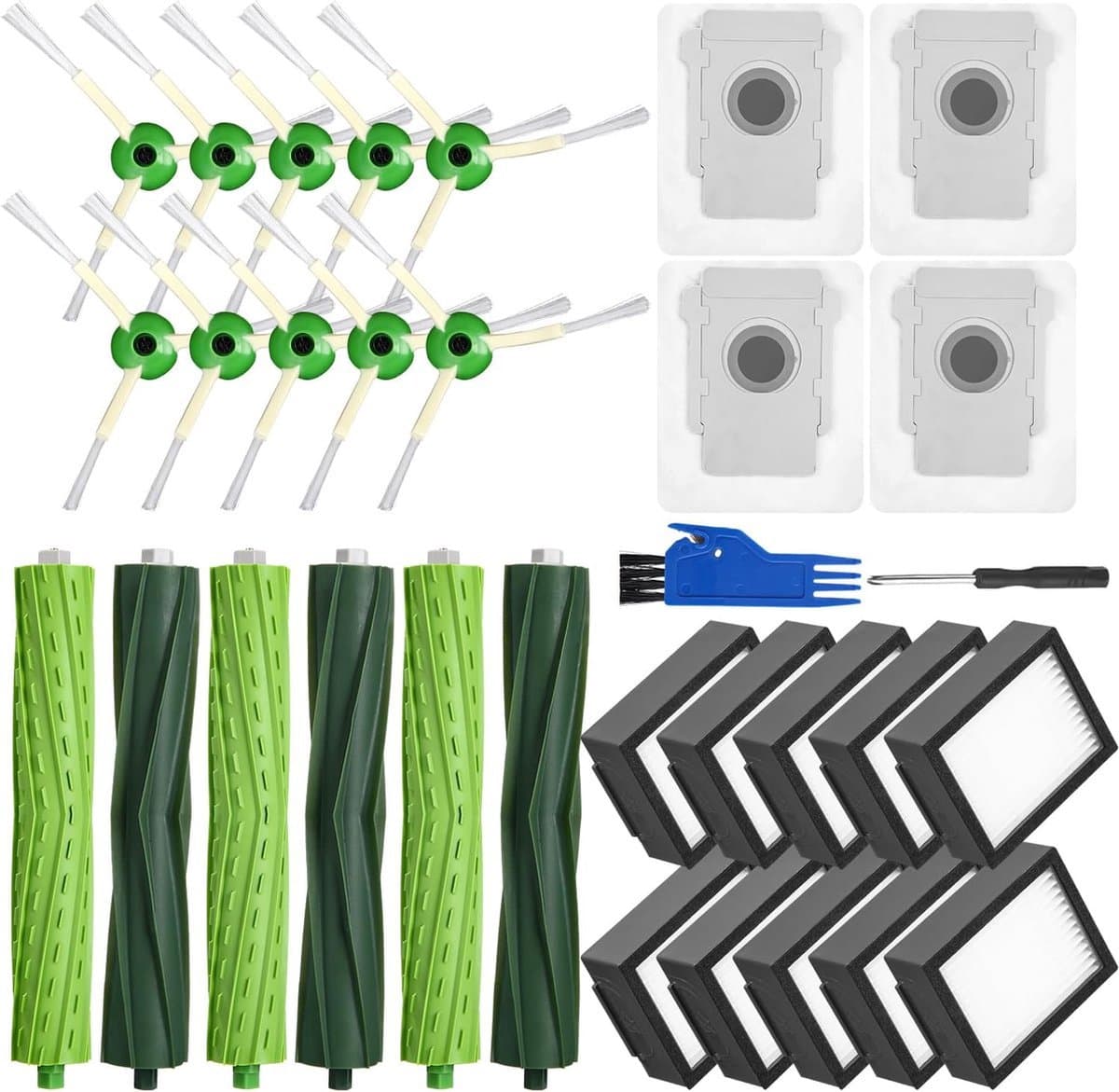 Reserveonderdelen voor iRobot Roomba i7 i7+ j7 j7+ i3 i3+ i4 i4+ E5 E6, borstelaccessoires voor Roomba E/I/J-serie, 3 sets rubberen borstels, 10 hoogwaardige filters, 10 zijborstels, 4 stofzakken — afbeelding 1