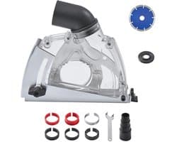 Stofafzuigkap voor Haakse Slijper, Compatibel Met 100-125 mm, Stofkap Met 6 Klemringen & 125 mm Diamant Slijpbeker, Verstelbare Snijdiepte, Doorzichtig