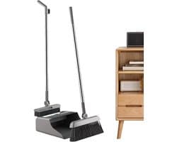 Bezem Met Stofblik - Veegset Stoffer Blik - Snel Vloeren Schoonmaken - Geïntegreerd Opbergdesign - 3 Delig - Grijs