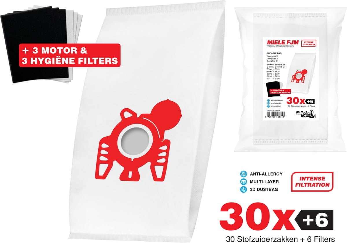 30x Miele Stofzuigerzakken FJM - 3D stofzakken + 3x Filter sets - 3 Hygiëne en 3 Motor filters meegeleverd! Premium kwaliteit - Multi lagen - Anti Allergie -Geschikt voor o.a. Miele C2, C1, S6, S4, S6000, S4000, S700, S500, S300, S200 — afbeelding 1