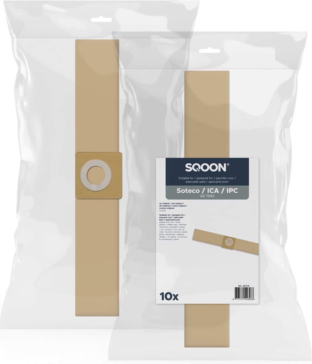 SQOON® Industriële Stofzuigerzakken - Geschikt voor Soteco Micro - Vervangt Model 07940 - 10 Stuks - Papier - Voor Professioneel Gebruik in Bouw en Industrie — afbeelding 1
