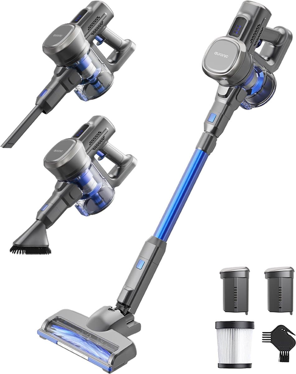 Auronic Steelstofzuiger Draadloos 220W - Draadloze Stofzuiger - HEPA Filter - Zelfstaand - Extra Accu - Op Accu - Zonder Zak - Kruimeldief - Vacuum Cleaner - Grijs/Blauw — afbeelding 1