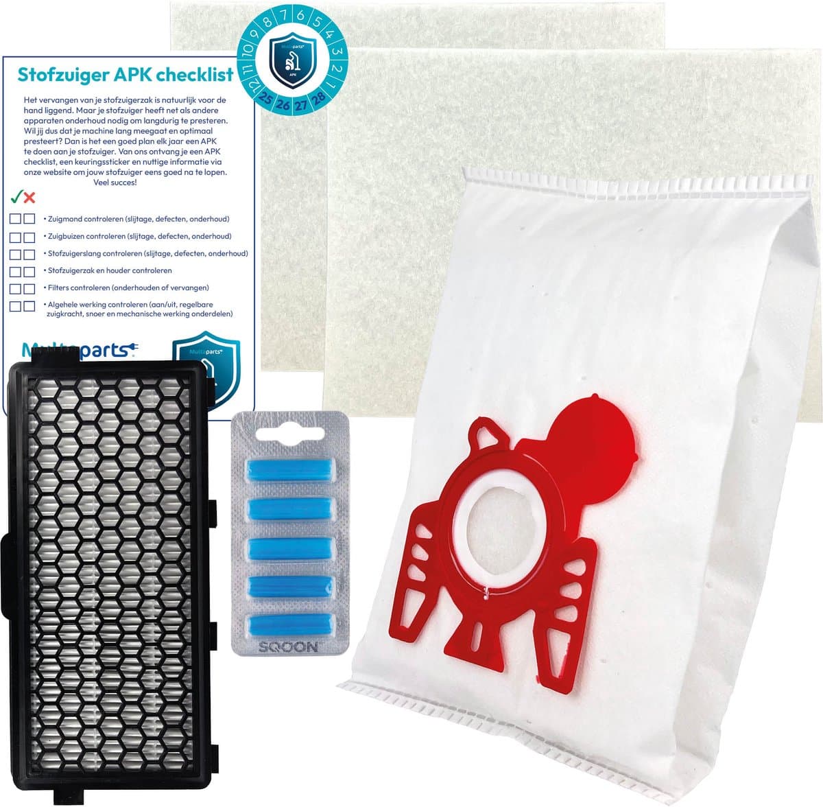 Multaparts® stofzuiger-APK set geschikt voor Miele Compact C1, Compact C2, S4, S6 serie | Complete onderhoudsset met stofzuigerzakken type FJM (10 x), motorfilter (2 x), HEPA filter, geursticks (5 x) APK-checklist & APK-sticker — afbeelding 1