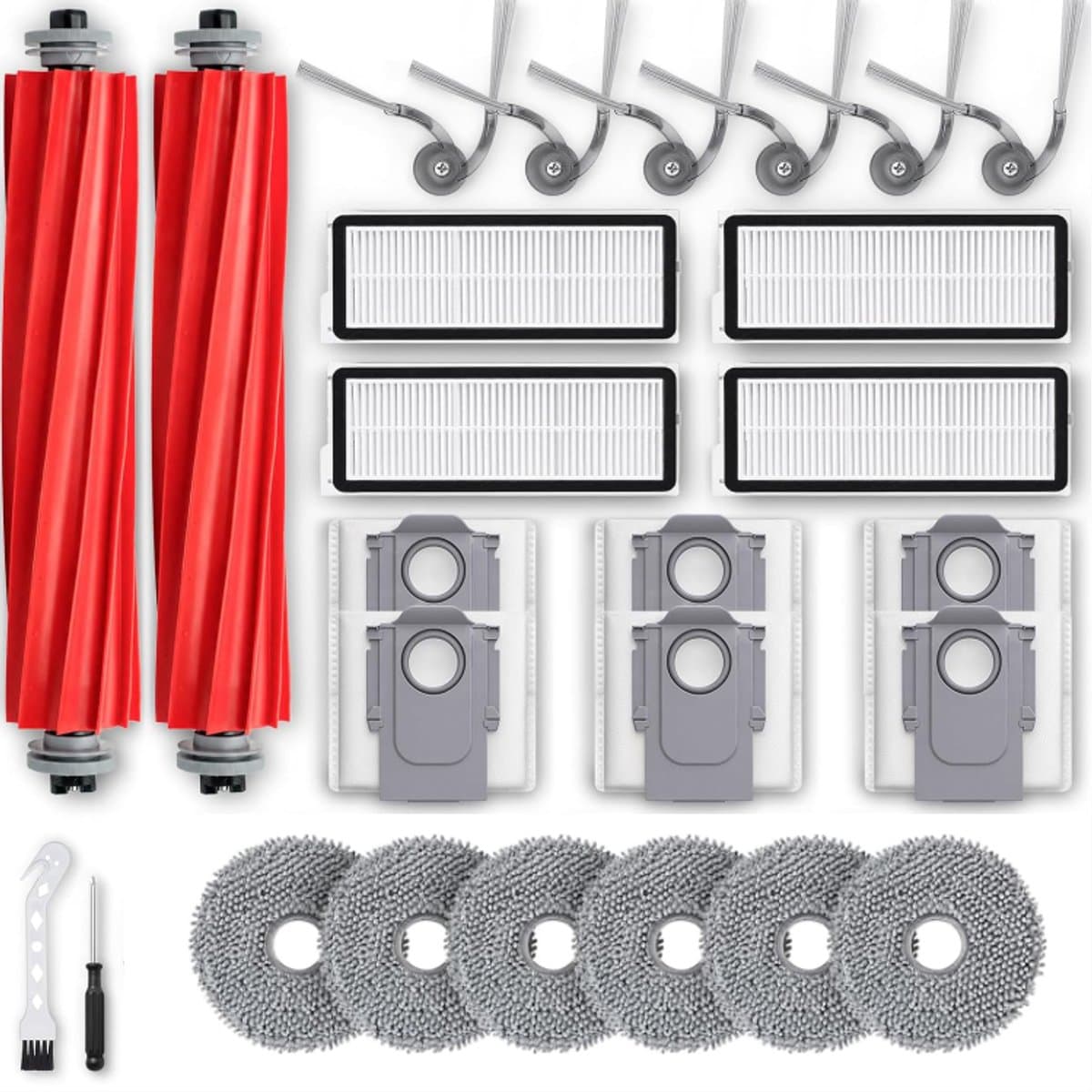 26-delige accessoires geschikt voor Roborock QV 35A/QV 35S/QREVO L/QR798/QR598 robotstofzuiger - 2 hoofdborstels, 4 HEPA-filters, 6 dweilpads, 6 zijborstels, 6 stofzakken, 1 schroevendraaier, 1 reinigingstool — afbeelding 1