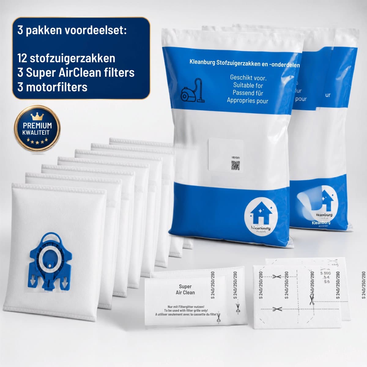 Miele GN Stofzuigerzakken van Kleanburg® - Geschikt voor Miele C1, C2, C3, S5, S8 - 12 zakken, 3 motorfilters en 3 AirClean filters- Miele 991730 - Gelijk aan Originele Kwaliteit — afbeelding 1