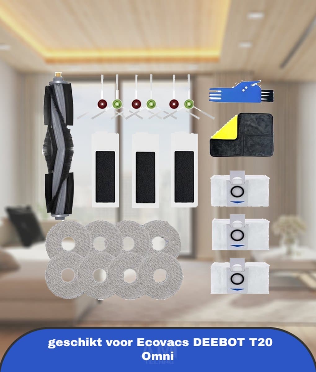 23 stuks reserveonderdelen geschikt voor Ecovacs DEEBOT T20 Omni stofzuigeraccessoireset, 1 hoofdborstel, 6 zijborstels, 3 HEPA-filters, 3 stofzakken, 8 zwarte doekjes, 1 reinigingsborstel, 1 poetsdoek — afbeelding 1