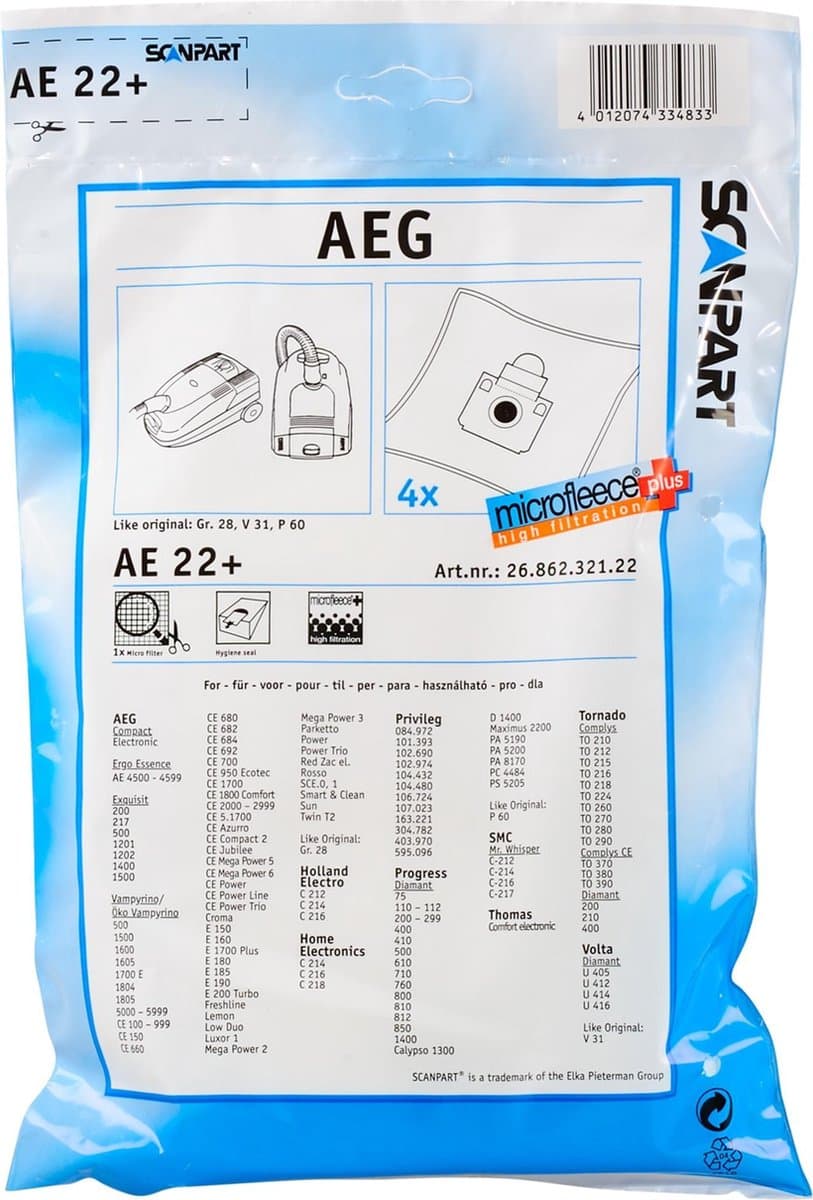 Scanpart stofzuigerzakken 4 stuks - Geschikt voor AEG Aventure, Ergo Essence, Salomon, T2, Vampyr 5000 - Electrolux - Gr 28S E53N ES53 - Inclusief 1 filter - Alternatief — afbeelding 1