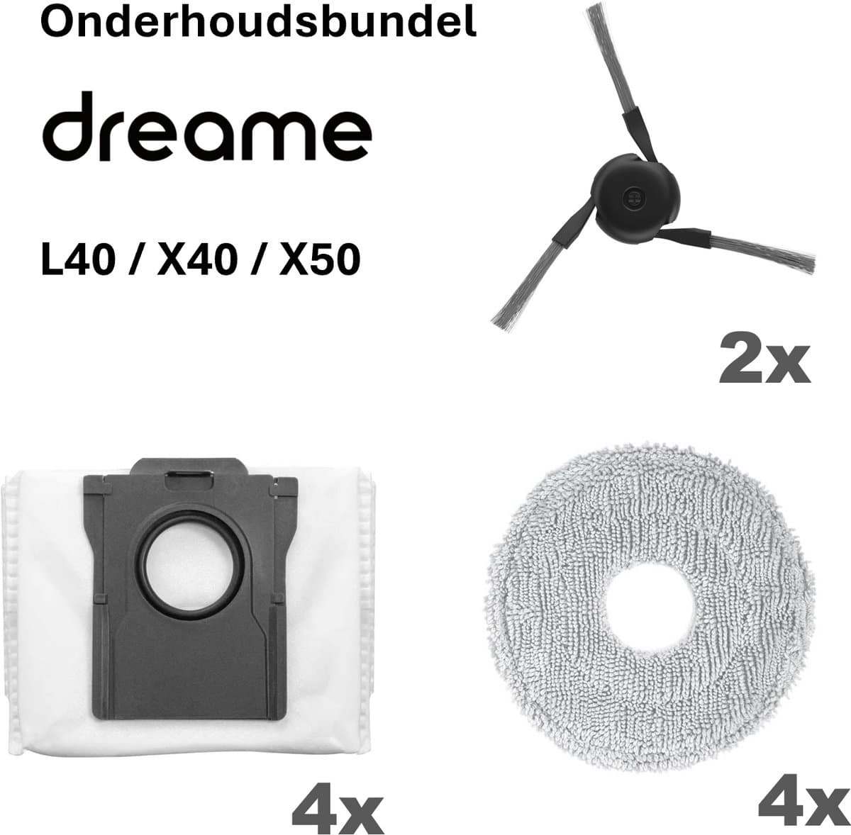 Dreame L40 / X40 / X50 Onderhoudsbundel 2x Zijborstel 4x Dweilpad 4x Stofzuigerzak — afbeelding 1
