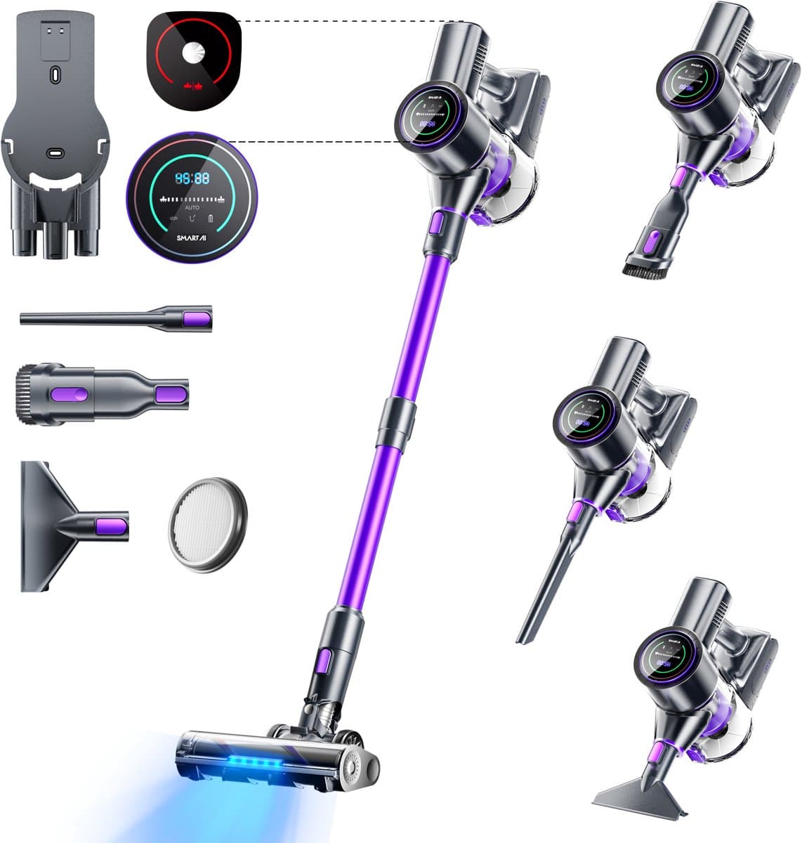 SmartAI P40 Steelstofzuiger Draadloos - - 65000Pa Steelstofzuiger - 8-in-1 stofzuiger - 3 Standen Zuigkracht - 2LEDs-Display - 20-70 Min Werktijd - 1,3L - Met Meubelborstel - Voor Tapijt, Harde Vloeren en Dierenharen - 620W - Lila — afbeelding 1