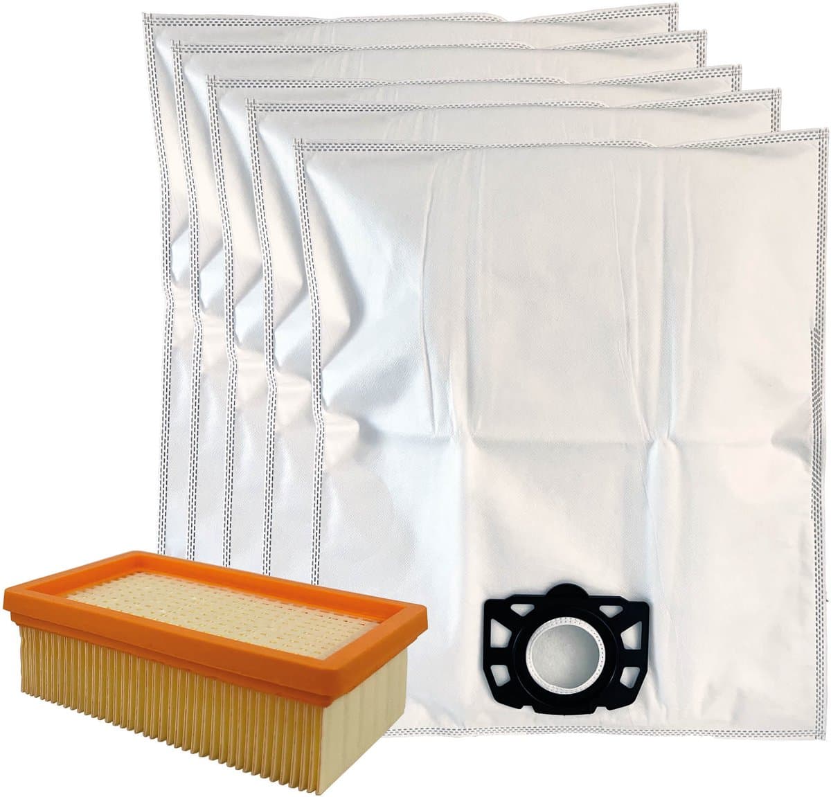 Multaparts® stofzuigerzakken (5) en HEPA vlakfilter geschikt voor Kärcher stofzuigers | Geschikt voor Kärcher WD4, WD5, WD6, MV4, MV6 serie | Set met alternatieve stofzakken 2.863-006.0 & HEPA filter 2.863-005.0 — afbeelding 1