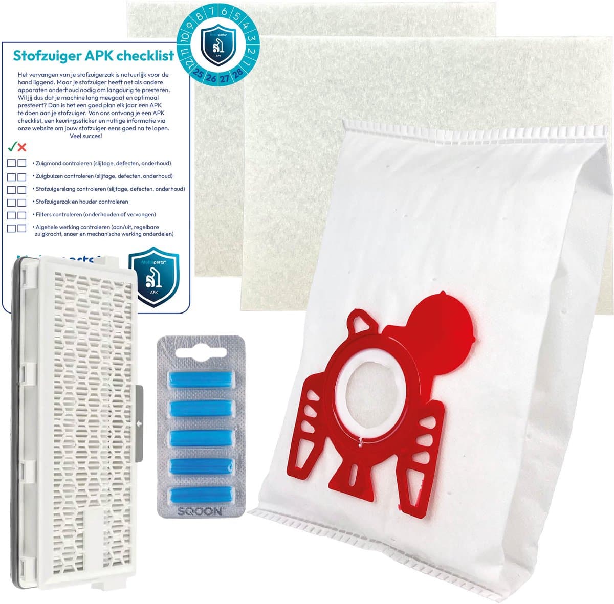 Multaparts® stofzuiger-APK set geschikt voor Miele Compact C1, Compact C2, S4, S6 serie | HEPA H13 versie | Complete onderhoudsset met stofzuigerzakken type FJM (10 x), motorfilter (2 x), HEPA H13 filter, geursticks (5 x) APK-checklist & APK-sticker — afbeelding 1