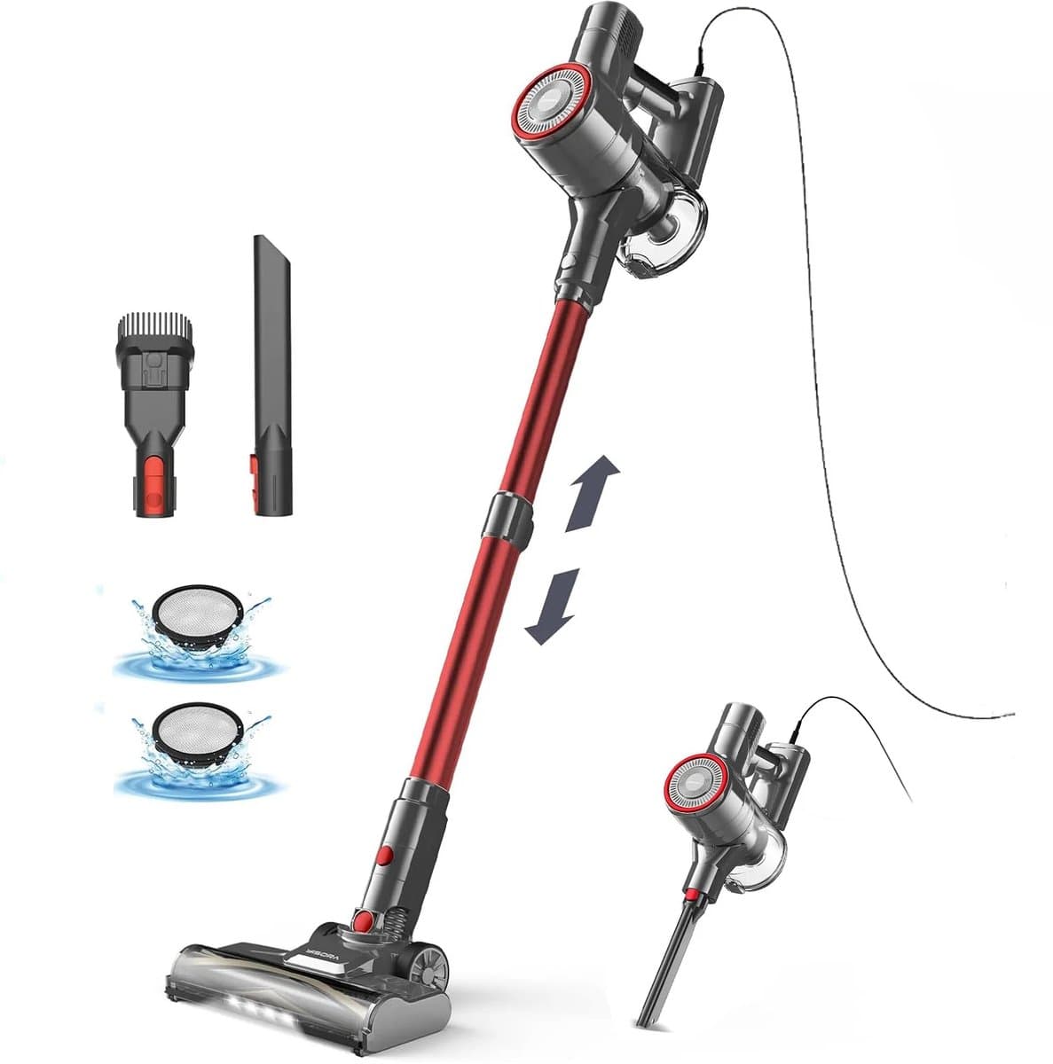 Steelstofzuiger met snoer - 6-in-1 Stofzuiger zonder zak - Krachtig -600W - 23Kpa- Rood — afbeelding 1