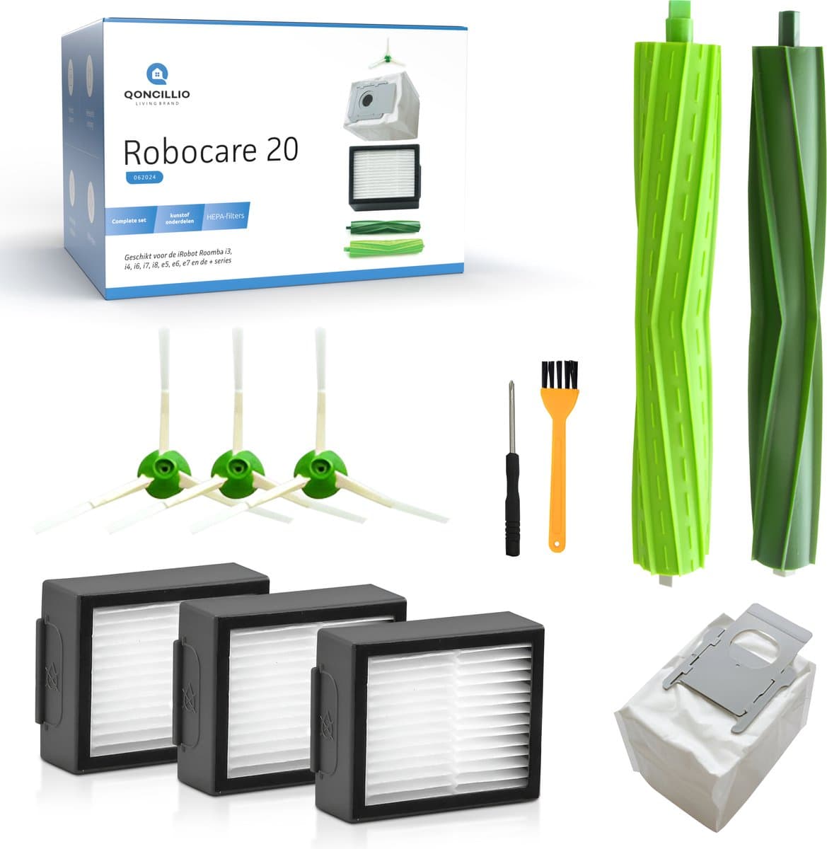 Qoncillio Robocare Robotstofzuiger Onderdelen Geschikt voor iRobot Roomba - Stofzuiger Onderhoudsset - i7 i7+ i1 i1+ i3 i3+ i4 i4+ i5 i5+ i6 i6+ i8 i8+ e5 e6 e7 - 5x HEPA Filter - 6x Stofzuigerzakken — afbeelding 1