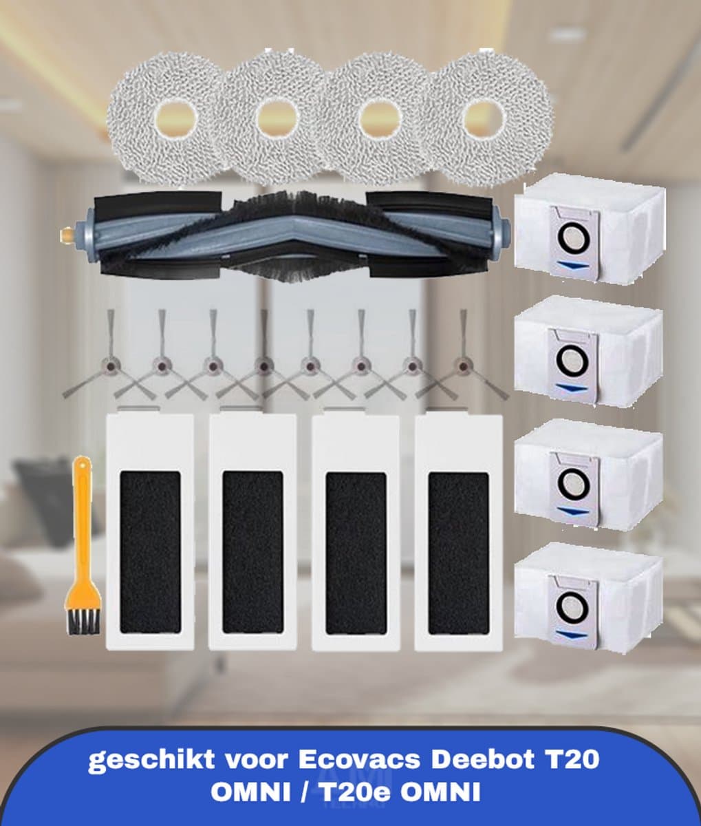 Reserveonderdelen Accessoires geschikt voor Ecovacs Deebot T20 OMNI / T20e OMNI Stofzuiger, 1 Hoofdborstel, 4 HEPA-filters, 4 Poetsdoeken, 4 Stofzakken, 8 Zijborstels, 1 Reinigingsborstel — afbeelding 1