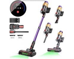 Steelstofzuiger Draadloos-Accu Stofzuiger-50 kPa Zuigkracht-60 Min Gebruiksduur-LED Display-HEPA Filter-Anti-Klit Borstel-Voor Tapijt Dierenharen Auto-1,5 L-Paars