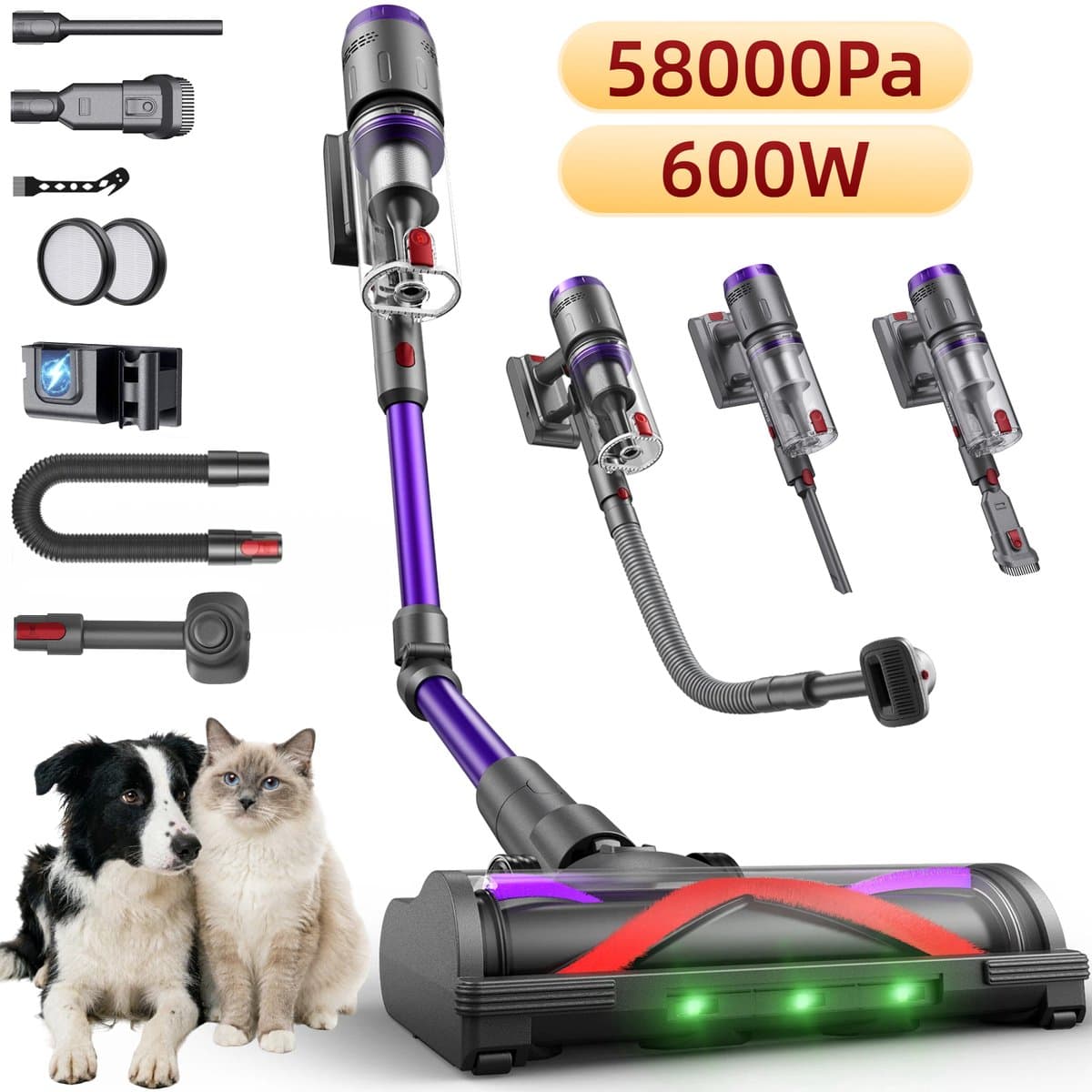 Draadloze Stofzuiger Met Flexibele Slang Van 1 M, Zuigkracht Van 58 Kpa En Gebruiksduur Van 75 Minuten, 2-In-1 Dierenborstel, Led-Touchdisplay, Draadloze Handstofzuiger Voor Dierenharen, Draadloze Steelstofzuiger Voor Thuis En In De Auto — afbeelding 1