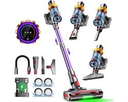 Hiaonyx steelstofzuiger - 9-in-1 steelstofzuiger draadloos - 75000pa - Met dierenborstel - LED Groene Stofdetectielamp - Geschikt voor Tapijten - Harde Vloeren en Dierenharen - 1.8-liter stofopvangbox - Paars